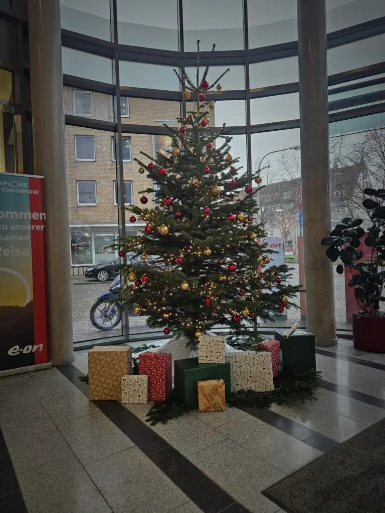 Foto einer großen Tanne, welche geschmückt ist mit einer Lichterkette und roten und goldenen Kugeln. Unter dem Baum liegen verpackte Geschenke in den Farben Grün, Weiß, Rot und Gold.